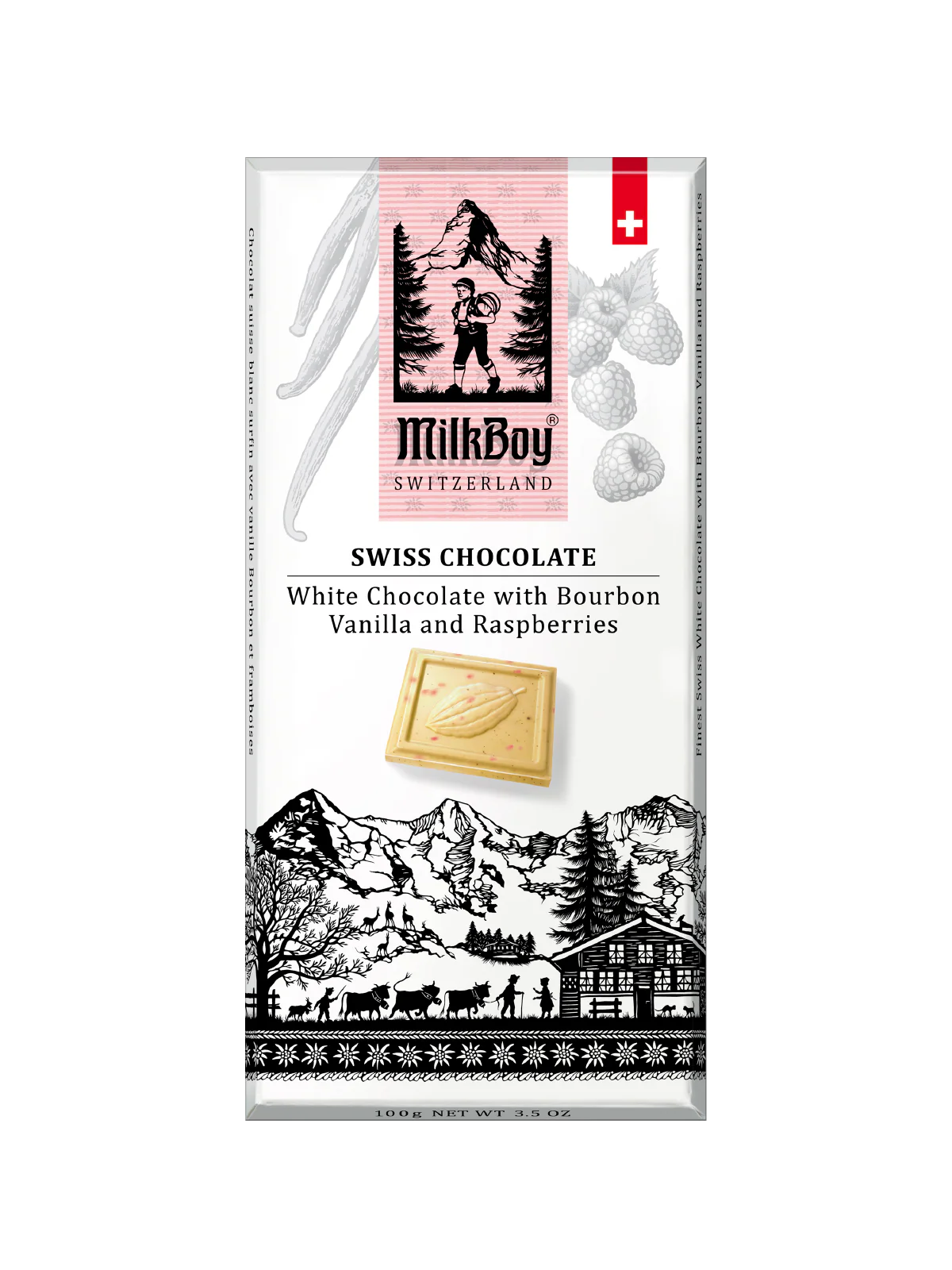 Milkboy Chocolate Swiss White Chocolate Bourbon Vanilla Raspberry 3.5 oz bar