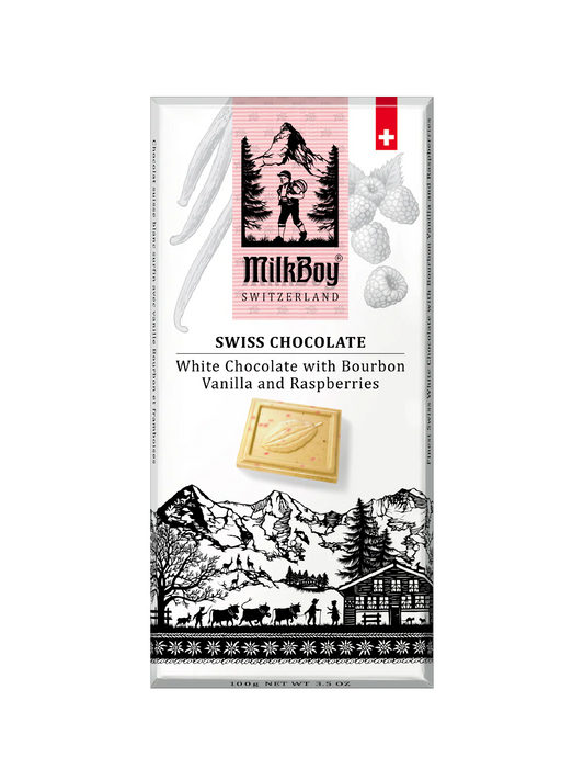 Milkboy Chocolate Swiss White Chocolate Bourbon Vanilla Raspberry 3.5 oz bar